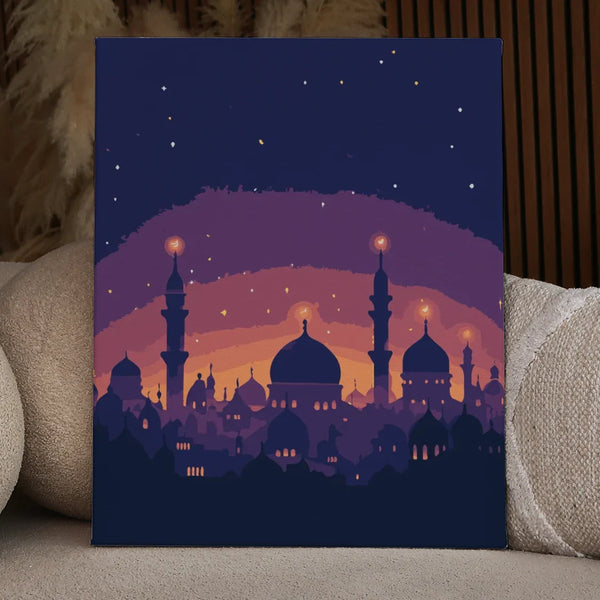 A beautifully illuminated city skyline with domes and minarets glowing under a twilight sky, reflecting the peaceful atmosphere of Ramadan nights.