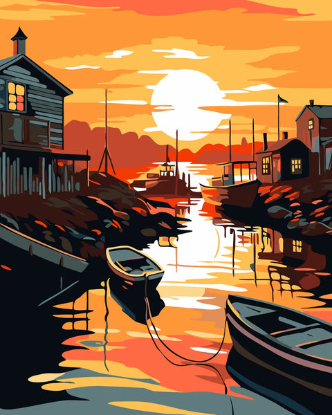 Sunset harbor scene with boats cottages and warm glowing reflections