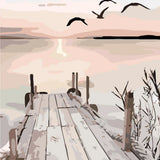 Painting of a wooden pier at sunset with flying birds