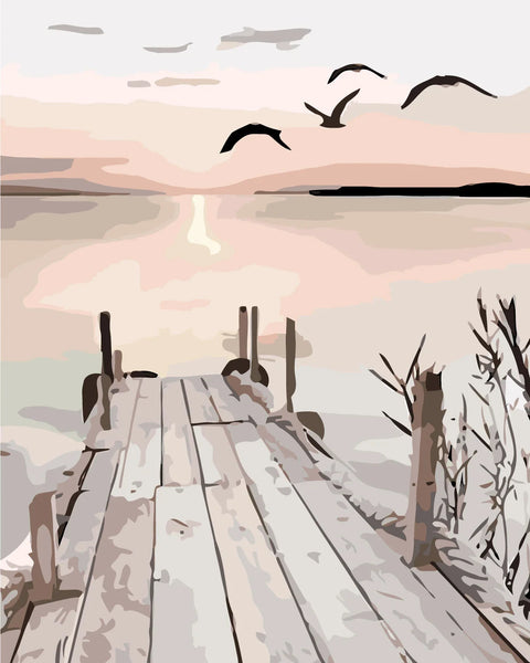 Painting of a wooden pier at sunset with flying birds