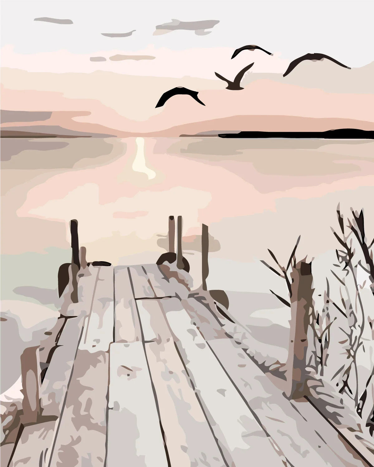 Painting of a wooden pier at sunset with flying birds