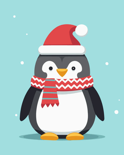 Cute penguin wearing Santa hat and scarf in snowy background