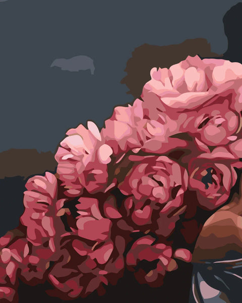 Painting of a woman with a head full of pink flowers