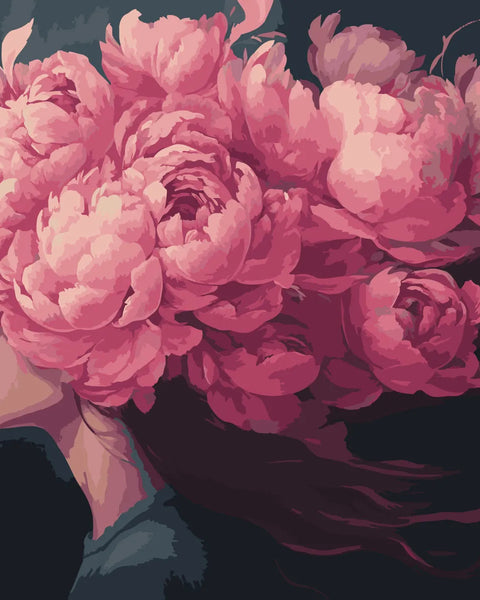 Surreal portrait of a woman with blooming pink peony hair