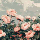 Lush blooming peonies in a serene garden with soft sky