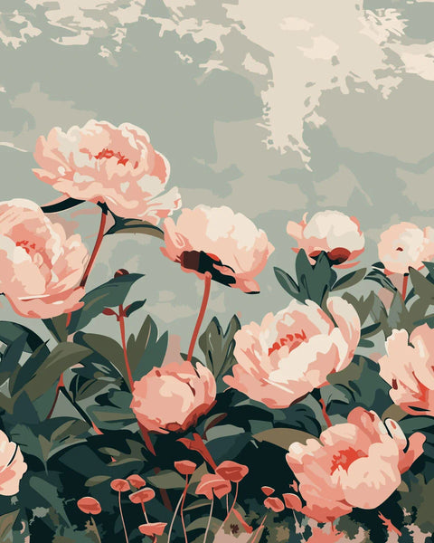 Lush blooming peonies in a serene garden with soft sky