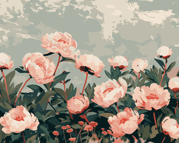 Lush blooming peonies in a serene garden with soft sky