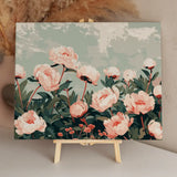 Lush blooming peonies in a serene garden with soft sky