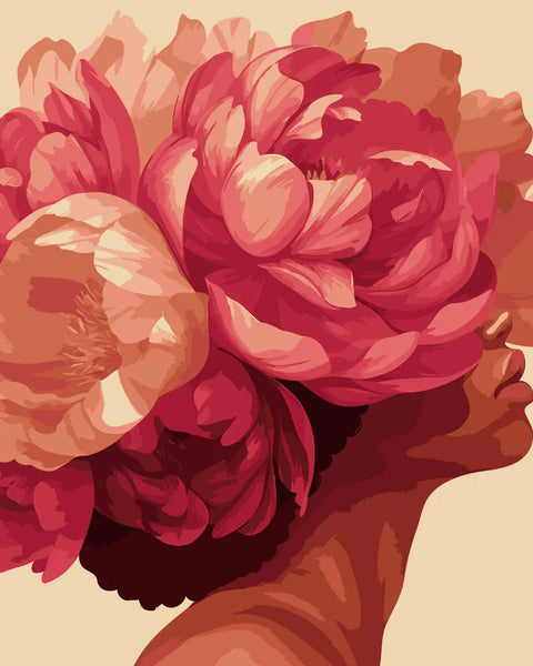 Portrait of a woman with vibrant peonies covering her head
