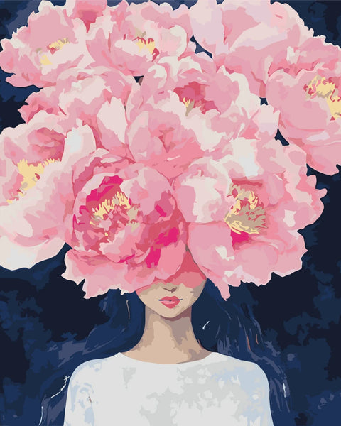 Painting of a woman with pink flowers covering her face