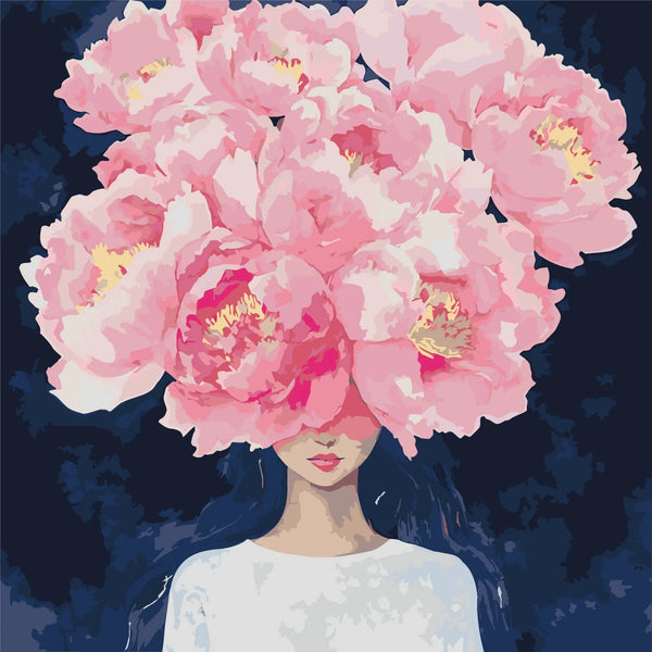Painting of a woman with pink flowers covering her face