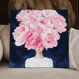 Painting of a woman with pink flowers covering her face