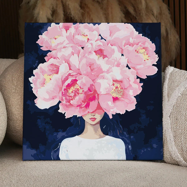 Painting of a woman with pink flowers covering her face