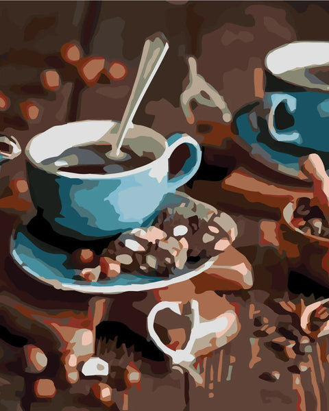Painting of blue coffee cups with beans on a rustic table