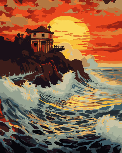 Dramatic ocean waves crashing against cliffs at sunset with house