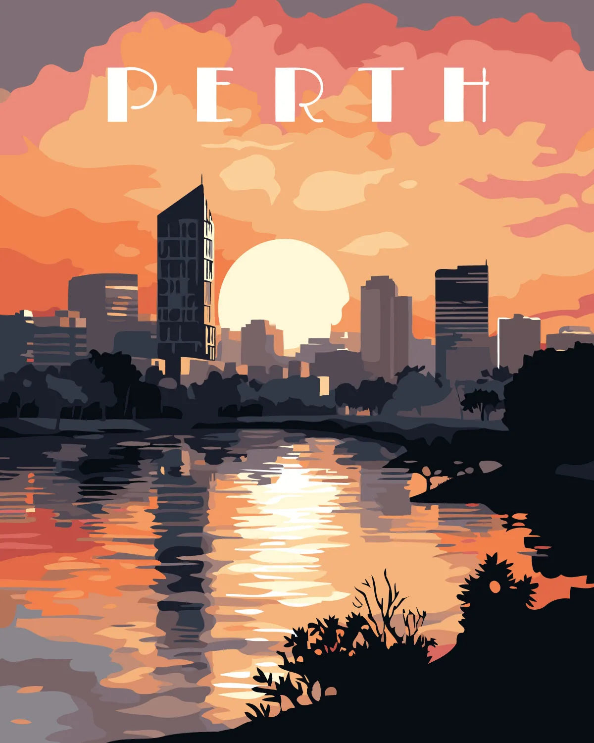 Perth city skyline at sunset reflecting on the river