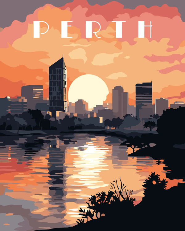Perth city skyline at sunset reflecting on the river