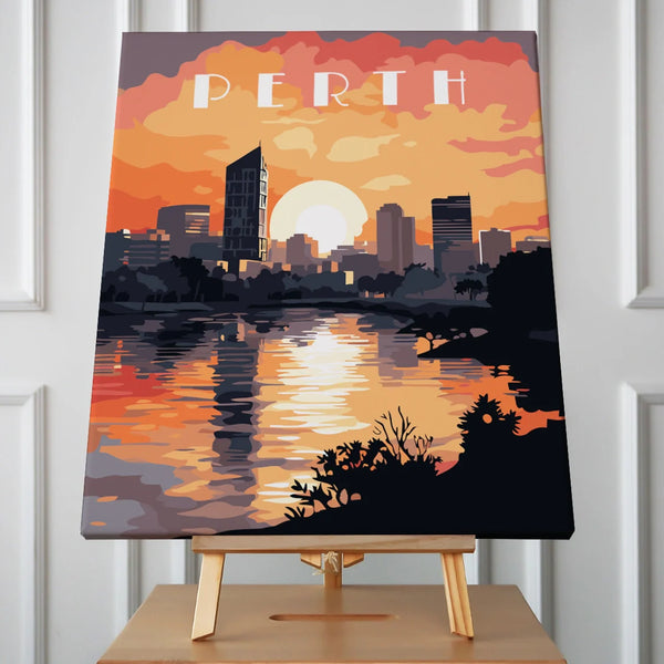 Perth city skyline at sunset reflecting on the river