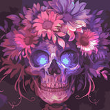 Colorful skull adorned with vibrant flowers on a dark background