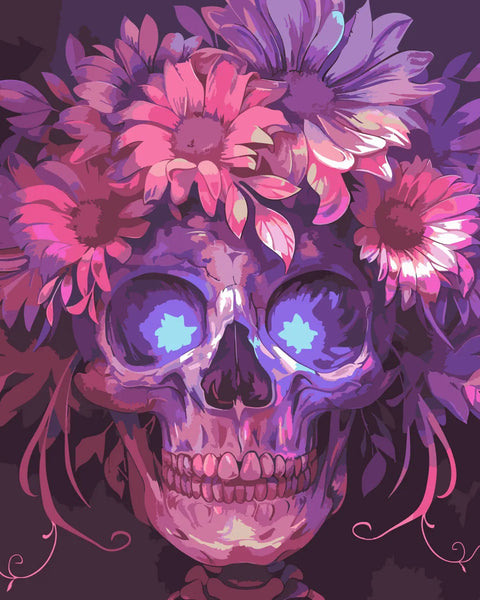 Colorful skull adorned with vibrant flowers on a dark background