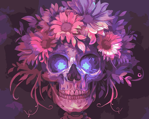 Colorful skull adorned with vibrant flowers on a dark background
