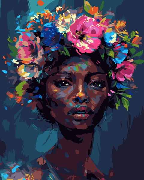 Vibrant portrait of a woman with a colorful floral crown