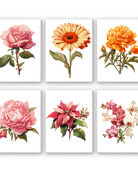 Petal Poetry Paint by Numbers Set featuring six elegant floral designs: rose, gerbera, marigold, peony, poinsettia, and orchid on linen canvas.