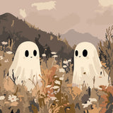 Cute ghost characters in autumn meadow fantasy painting