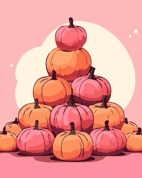 Stack of pink and orange pumpkins in autumn painting