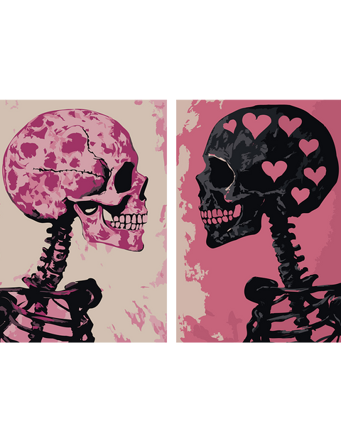 Two skeletons with pink and black skulls in love painting