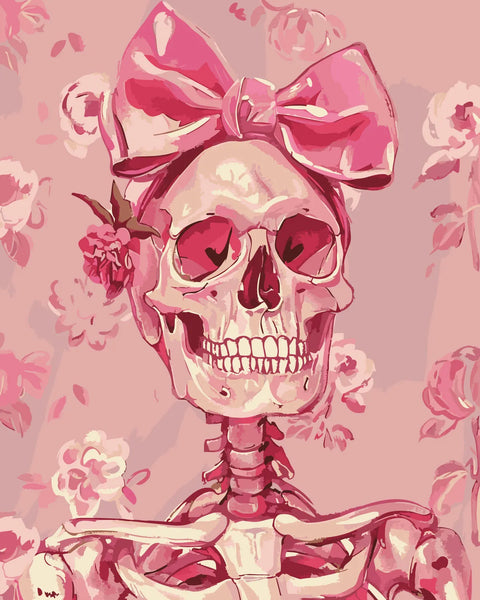 Pink skeleton with a large bow and floral background painting