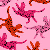 Abstract pink and red cheetahs with black spots on pink background