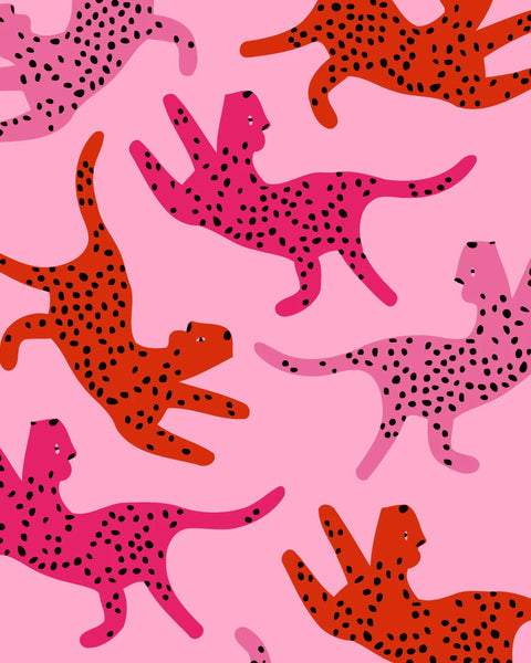 Abstract pink and red cheetahs with black spots on pink background