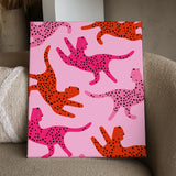 Abstract pink and red cheetahs with black spots on pink background