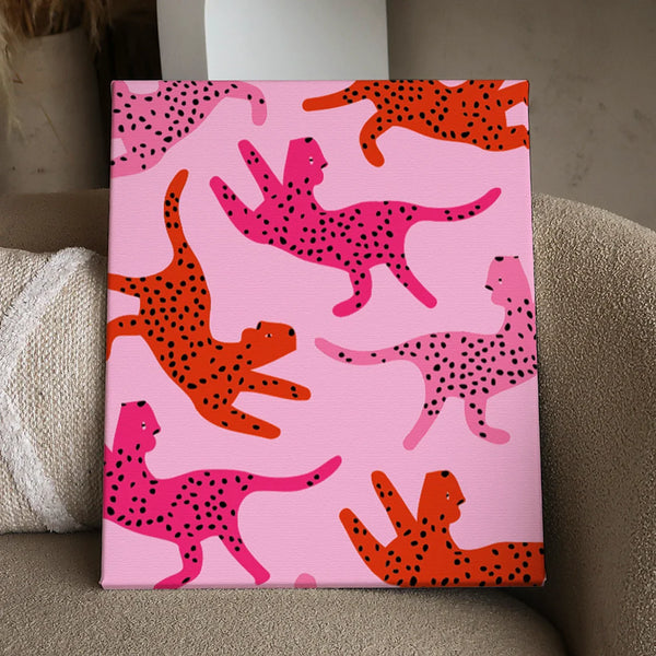 Abstract pink and red cheetahs with black spots on pink background