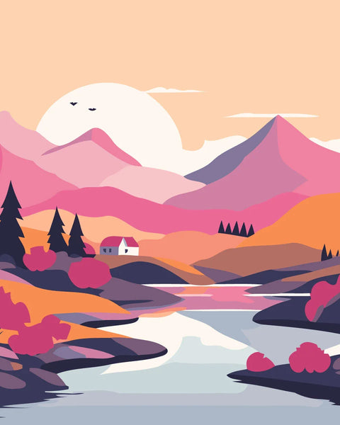 Colorful landscape painting with mountains, river, trees, and small house