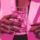 Close-up painting of elegant hands holding a glass of water