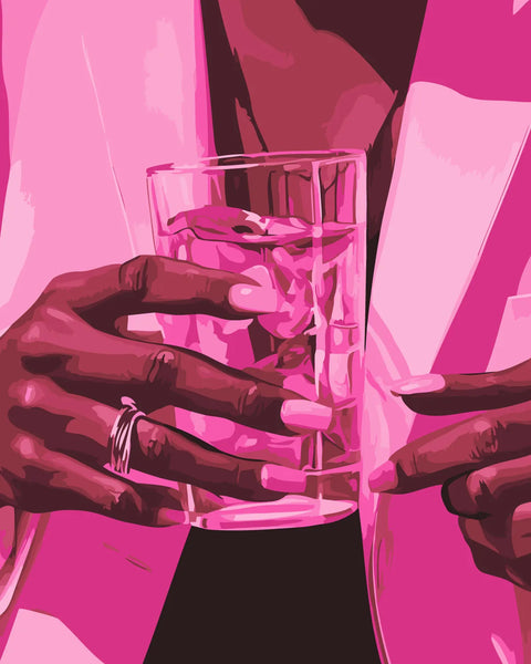 Close-up painting of elegant hands holding a glass of water