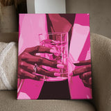 Close-up painting of elegant hands holding a glass of water