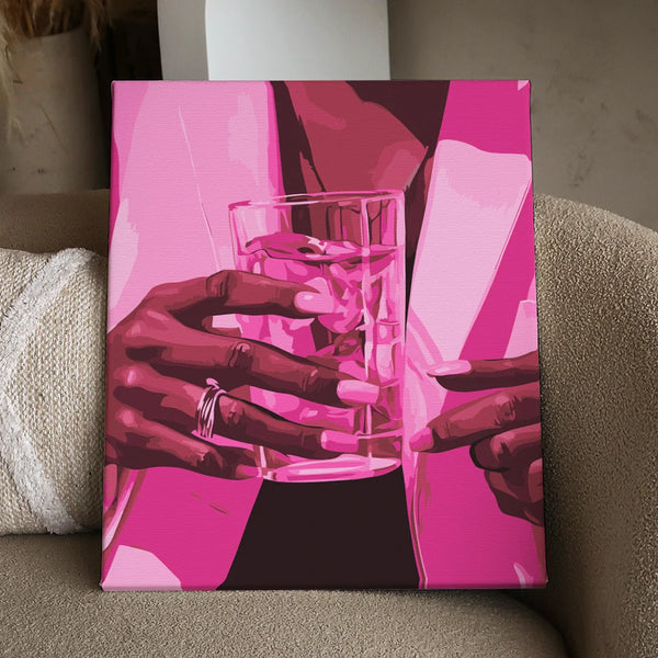 Close-up painting of elegant hands holding a glass of water
