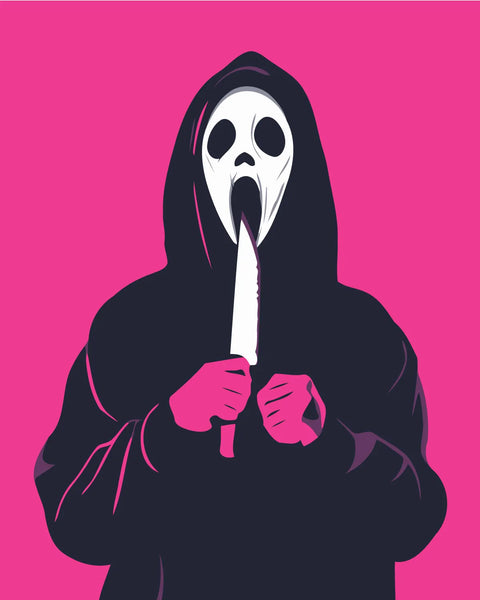 Hooded figure with ghost mask holding knife on pink background