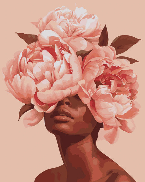 Woman with large blooming flowers covering eyes surreal painting