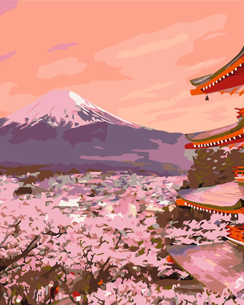 Mount Fuji cherry blossoms and Japanese temple at sunset painting