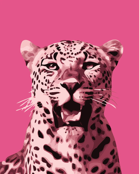 Pink-toned leopard portrait with bold black spots on pink background