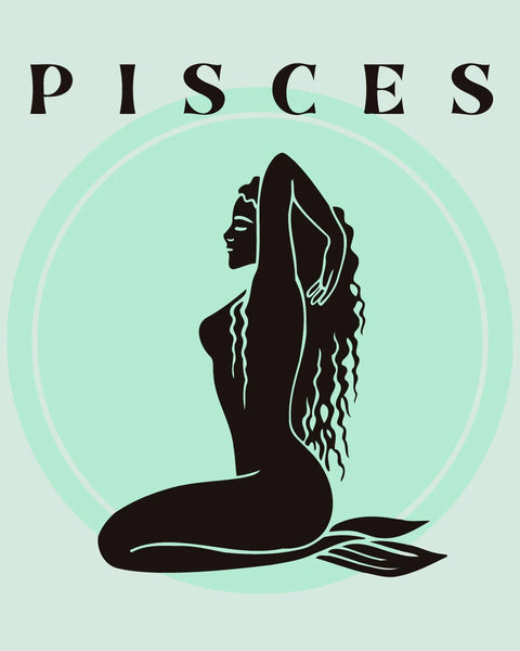 Pisces zodiac-themed painting with mermaid silhouette on mint background