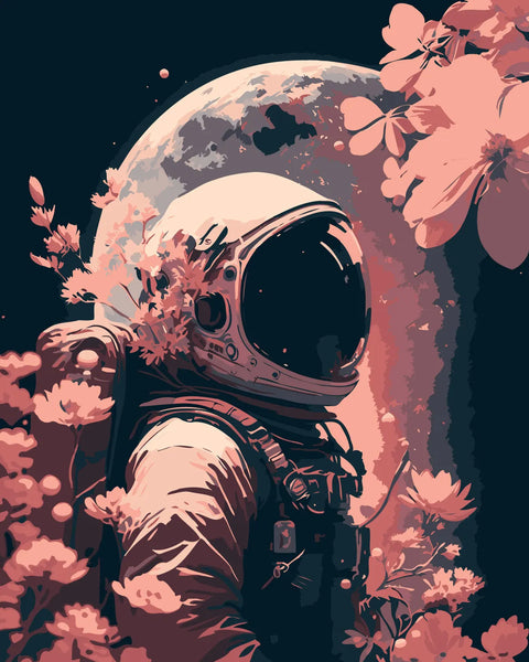 Astronaut surrounded by pink flowers with Earth in background painting