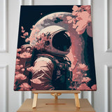 Astronaut surrounded by pink flowers with Earth in background painting