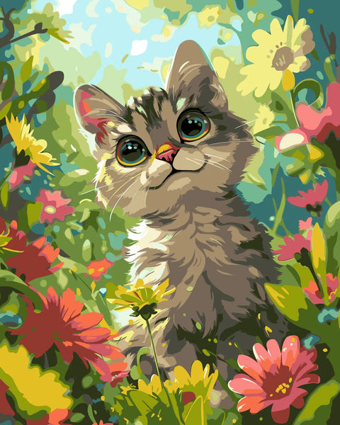 Cute kitten surrounded by colorful flowers in a vibrant painting