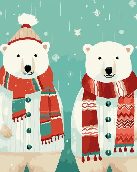 Two polar bears in winter clothes with scarves in snowy painting