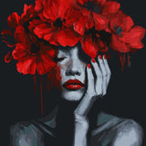 Emotional portrait painting of a woman with red poppy flowers
